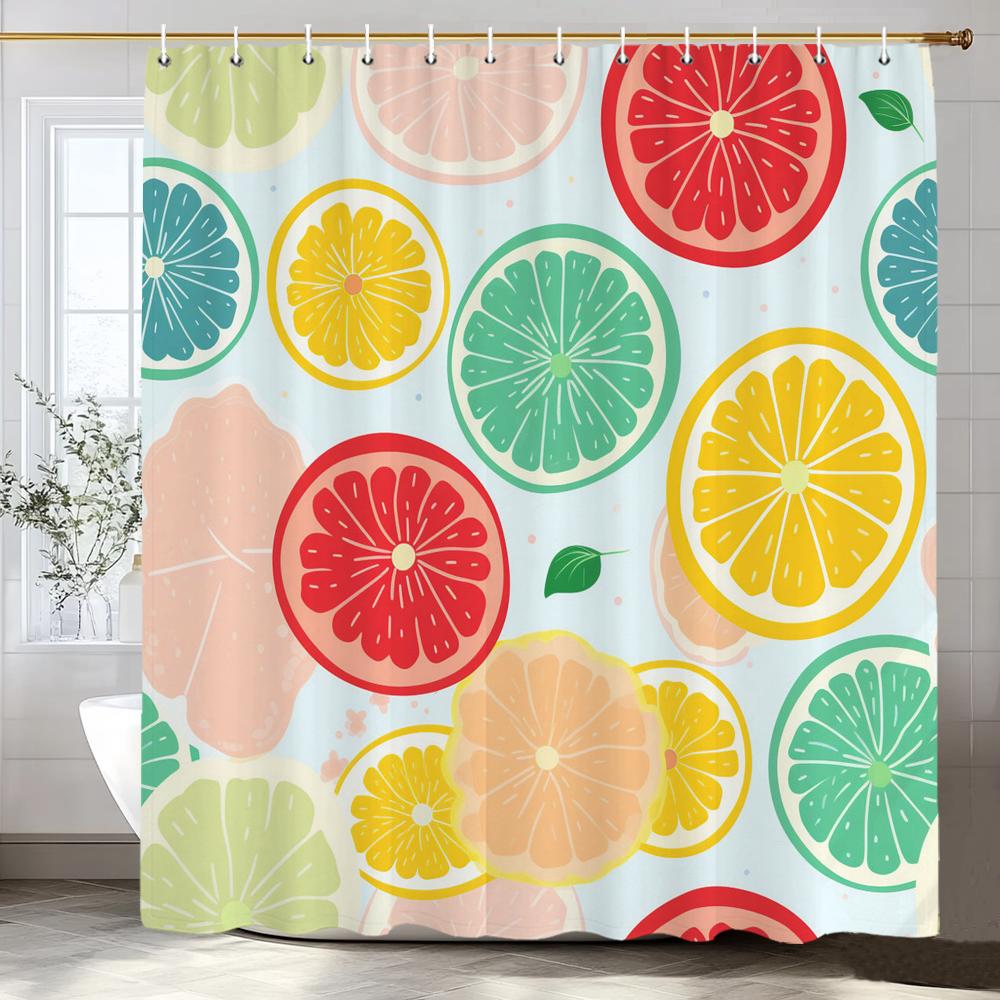 Lemon, Strawberry, Peach Tropical Fruit Shower Curtain, Bathroom Decorative Shower Curtain, Print Polyester Curtain With Hooks
