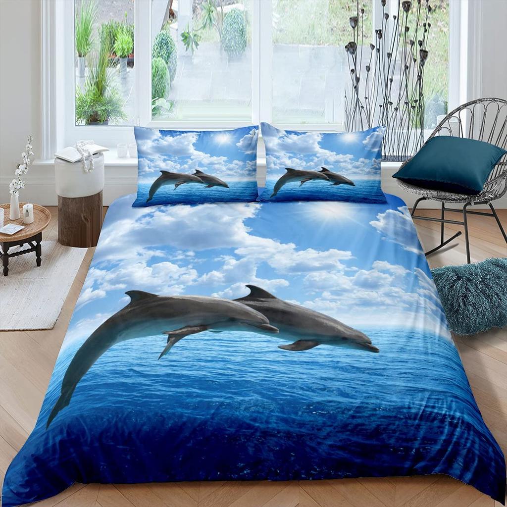 3D Dolphin In Blue Sea Queen King Size Bedding Sets Animal Single Quilt Duvet Cover Set Kids Adult Bed Bedclothes
