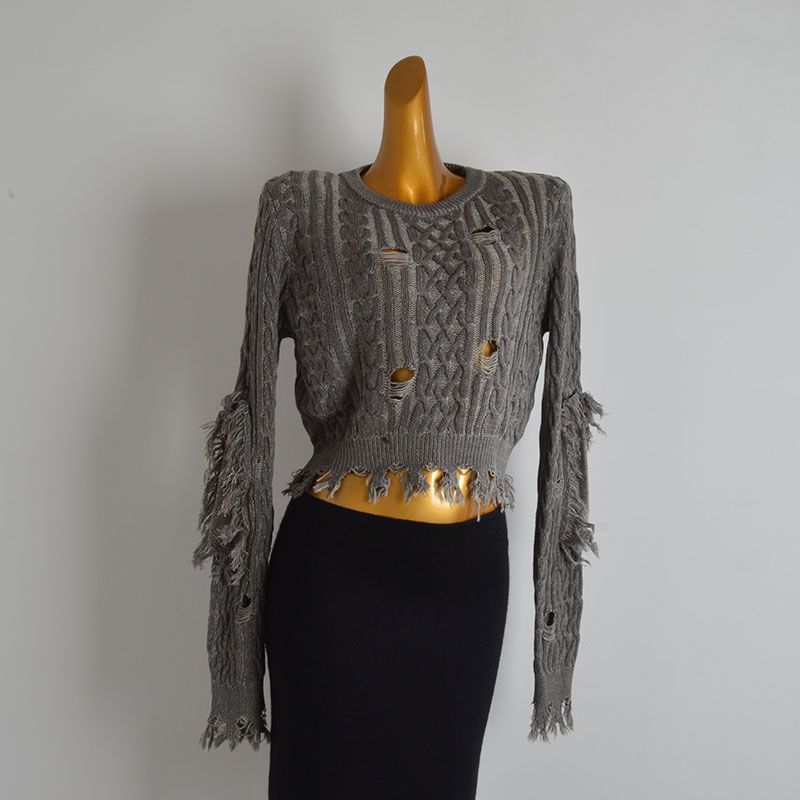 Retro Fashion Design Ripped Tassel Long sleeve Knit Women Spring and Autumn Idle Style Pullover Sweater All-Matching Top