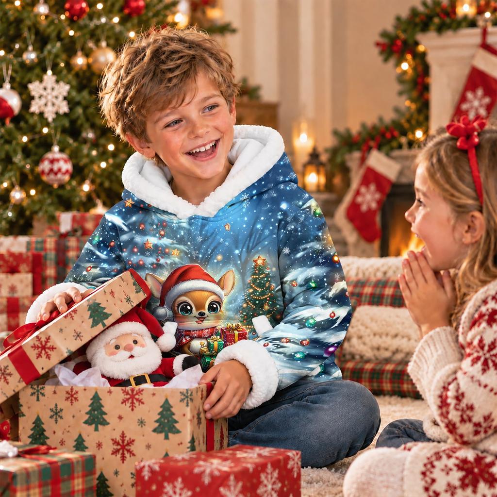Kids Long Sleeve Christmas Print Hoodie Casual Pullover Sweatshirt for Boys and Girls
