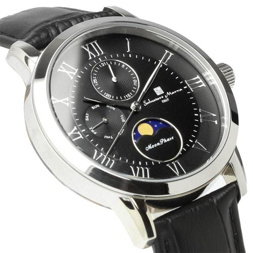 Salvatore Marra Men's Limited Edition Silver/Black Watch, Moon Phase, Multi-Calendar, 5 ATM Water Resistance, Leather Strap, for Business and Formal W