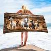 Running Horses Beach Towel Flat Print Rustic Wood Frame Style Tapestry for Bathroom Travel Western Farmhouse Bedroom Decor