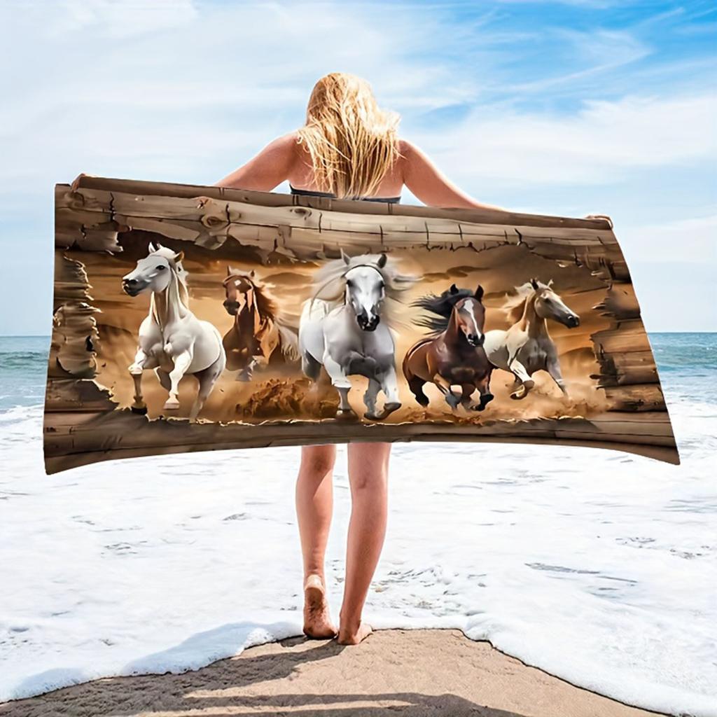 Running Horses Beach Towel Flat Print Rustic Wood Frame Style Tapestry for Bathroom Travel Western Farmhouse Bedroom Decor