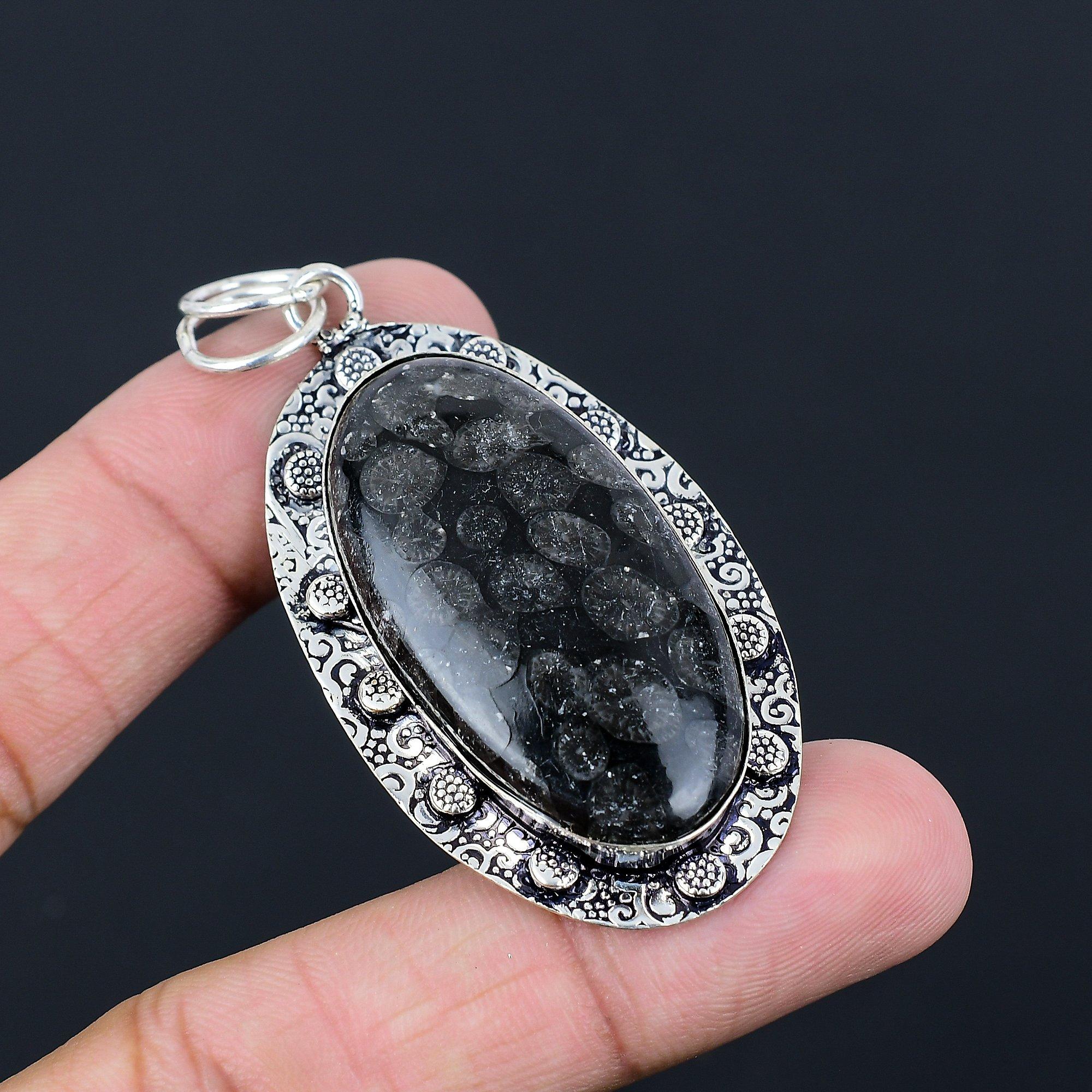 

Oval Black Fossil Coral Gemstone Bezel Wedding Pendant Jewelry Sterling Silver