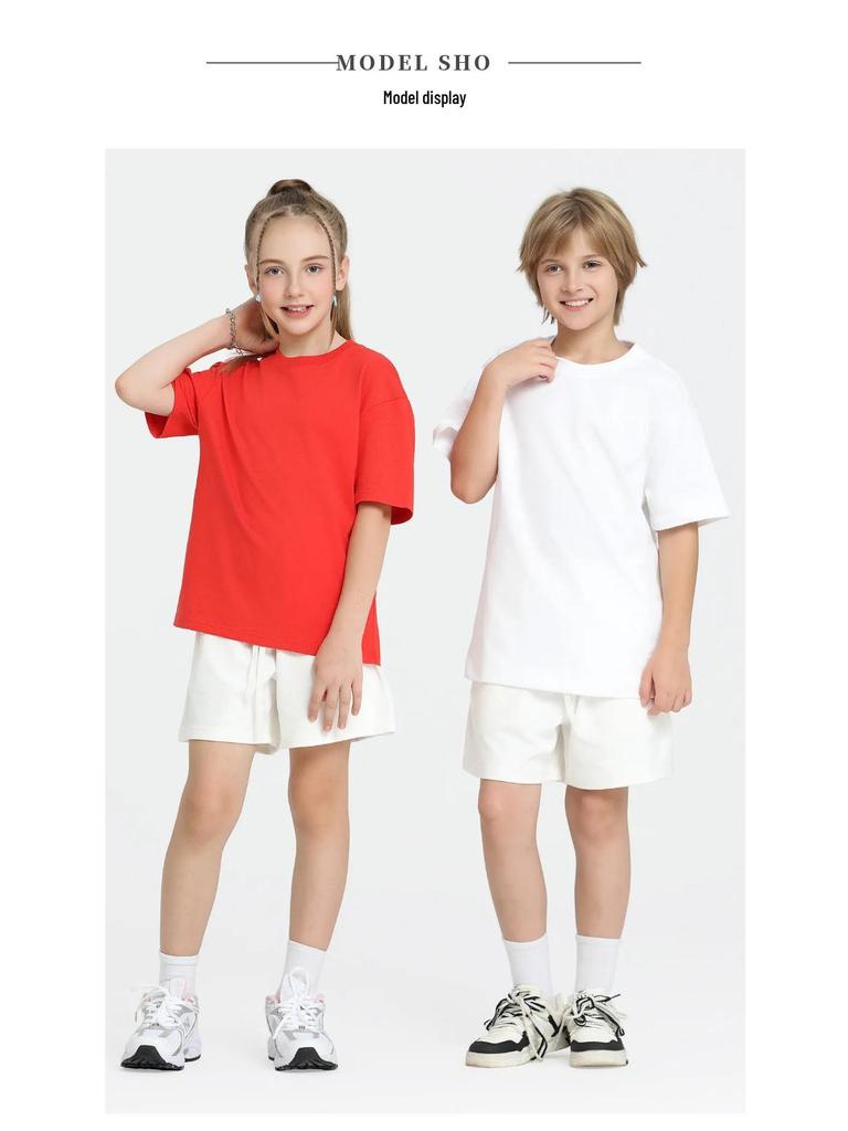 LVLV | Kids & Teens 240g Pure Cotton Loose Fit Retro Short Sleeve Parent-Child T-shirt, Class Uniform Trendy