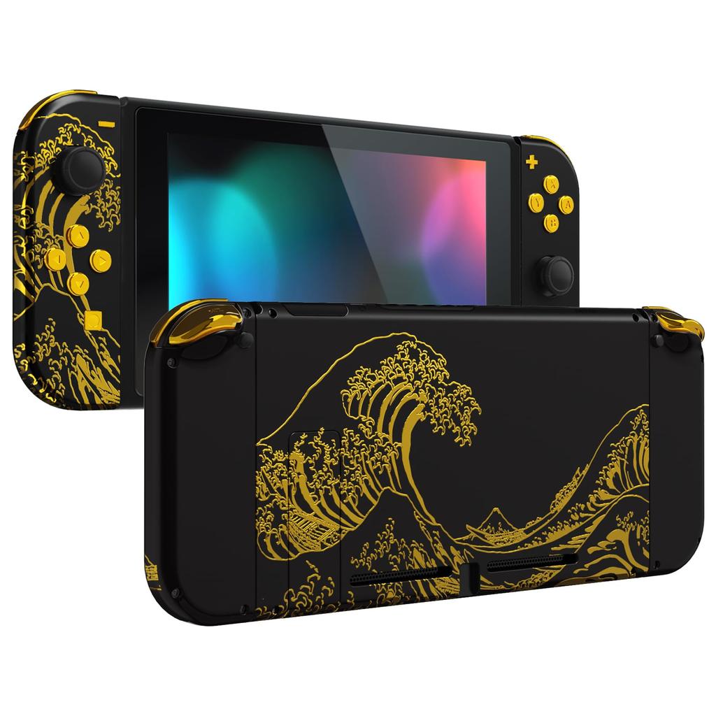 Custom DIY Replacement Case Shell Compatible with eXtremeRate Comes with Patterned Back Holder Handle Controller Full Button Set Wave Pattern Black