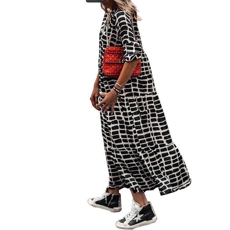 2024 Autumn European & American Women's Slim V-Neck Printed Dress