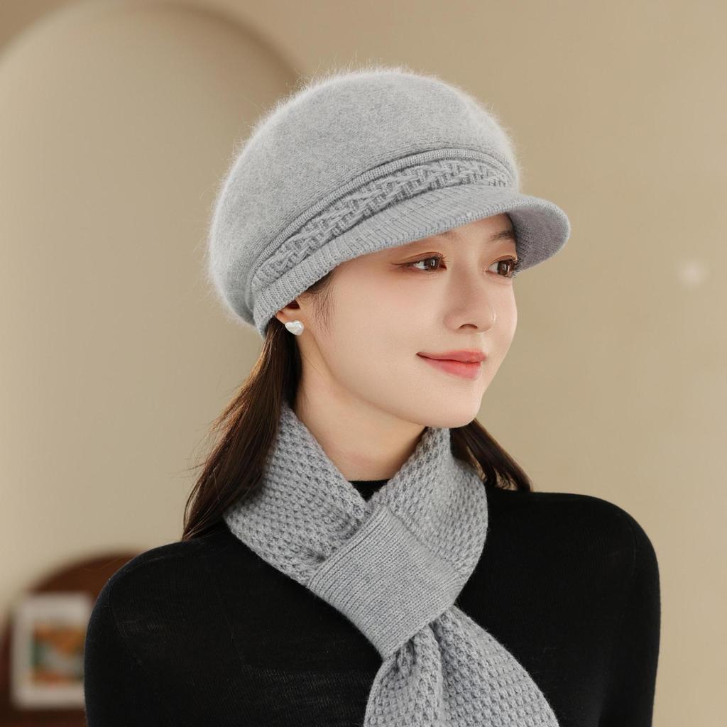 Rabbit Fur Peaked Hat Women's Winter Windproof New Thickened Ear Protection Mother's Hat Outdoor Warm Knitted Hat Scarf