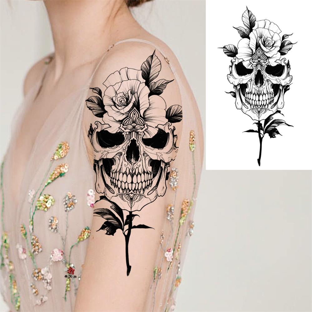 Death Skull Flower Temporary Tattoo For Women Girls Snake Bird Peony Tattoo Sticker Black Fake Blossom Sexy Tatoo Transfer Adult