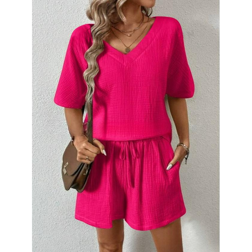 Spring and Summer Women's Double-layer Zou Cloth Short-sleeved Shorts Two-piece Suit