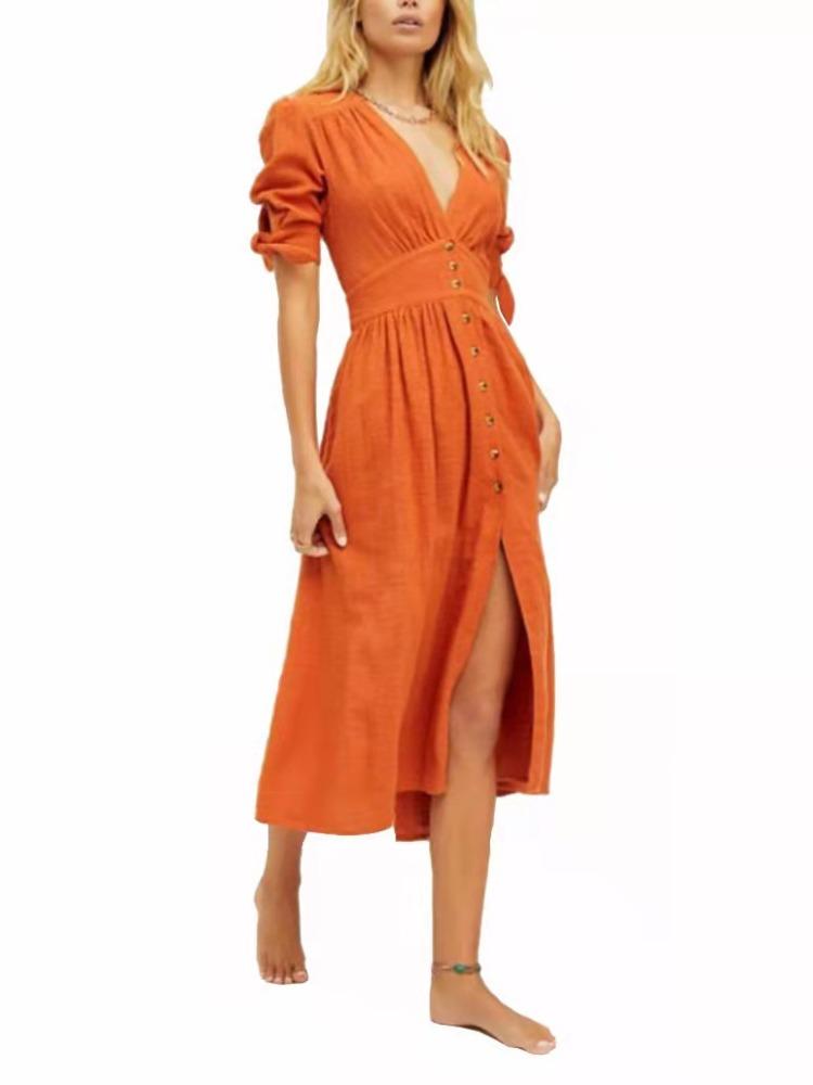 Women Fashion Sexy Deep V Neck Long Sleeve Button Dress Short Sleeve Elegant Comfortable Versatile Dress S