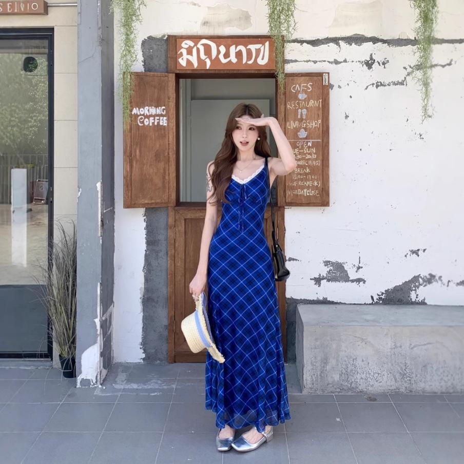French Blue Dress Women's Summer Sexy V-neck Suspender Skirt Waist Thin A-shaped Long Dress Beautiful Long Skirt