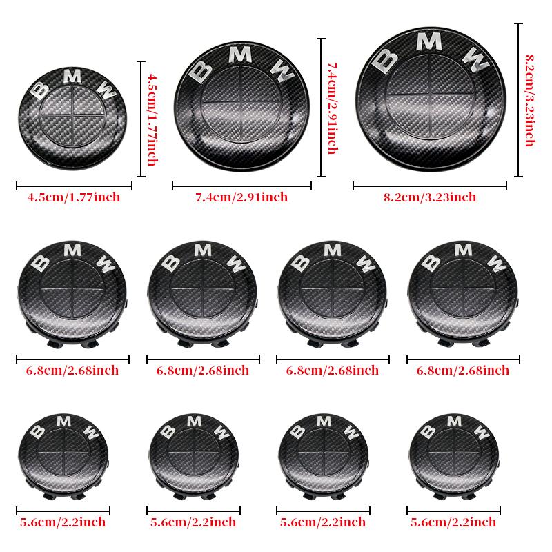 For BMW E46 82mm Hood F10 74mm Trunk Emblem 7Pcs Full Black Carbon Fiber Badge Set E90 68mm Wheel F30 Steering G20 X5 M4 Auto