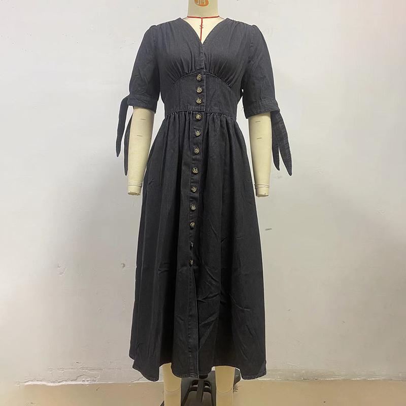 Fashion Sexy V-neck Denim Dress Women's Single Breasted Half Sleeved A-line Dress Solid Color Commute Minimalist Dresses Spring and Summer New