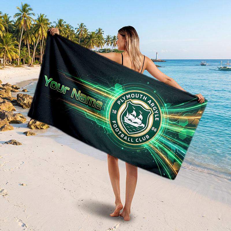 Plymouth Argyle FC Custom Beach Towel, Personalized Name Text Print, Football Logo Soft Quick‑Dry Towel Holiday Gift