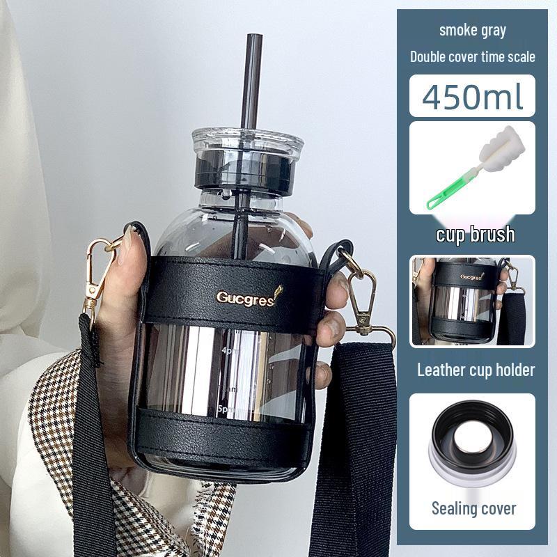 Double-Lid High Borosilicate Glass Travel Cup with Leather Sleeve