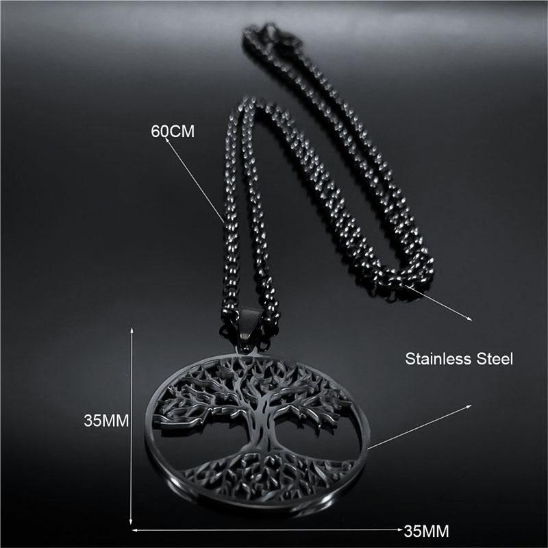 Tree of Life Stainless Steel Long Necklace for Men Black Color Necklaces & Pendants Jewelry cadenas para hombre N834S03
