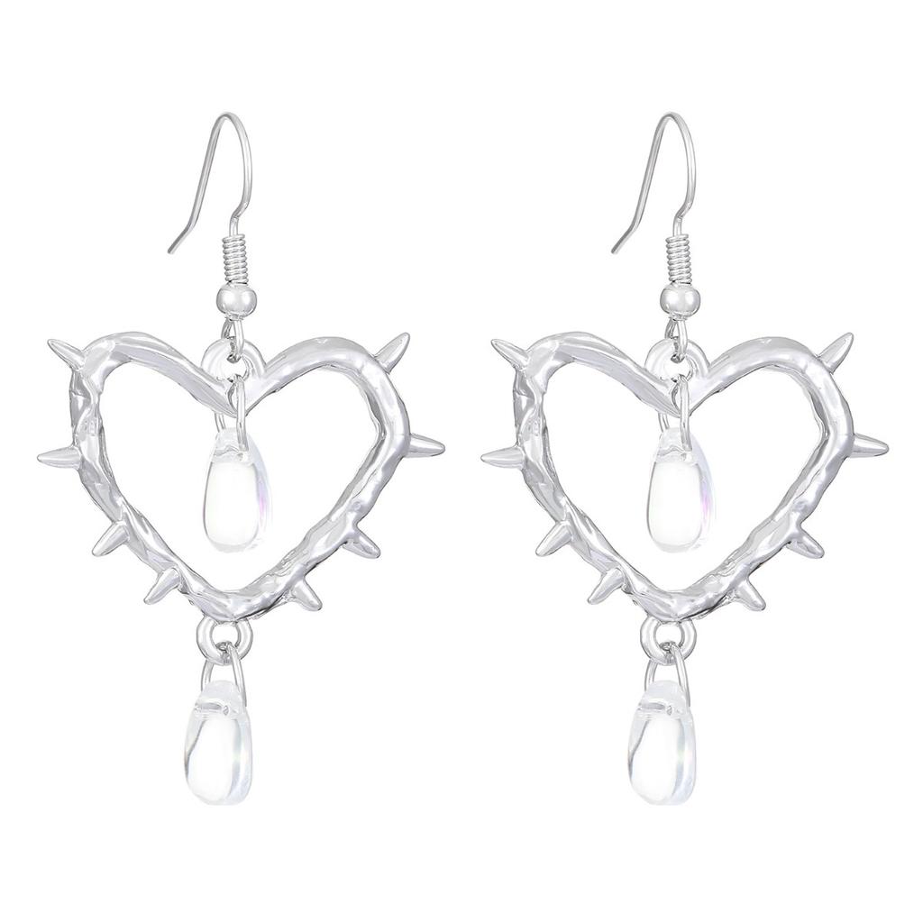 Spiked Heart Dangle Earrings With Red Drop Charms Gothic Style Silver Tone Earrings For Women