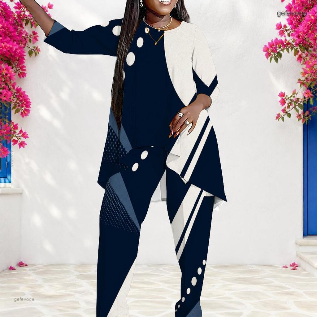 Women Plus Size Round Neck Three Quarter Sleeve Geometric Printed Layered Top Long Pants Two Piece Set