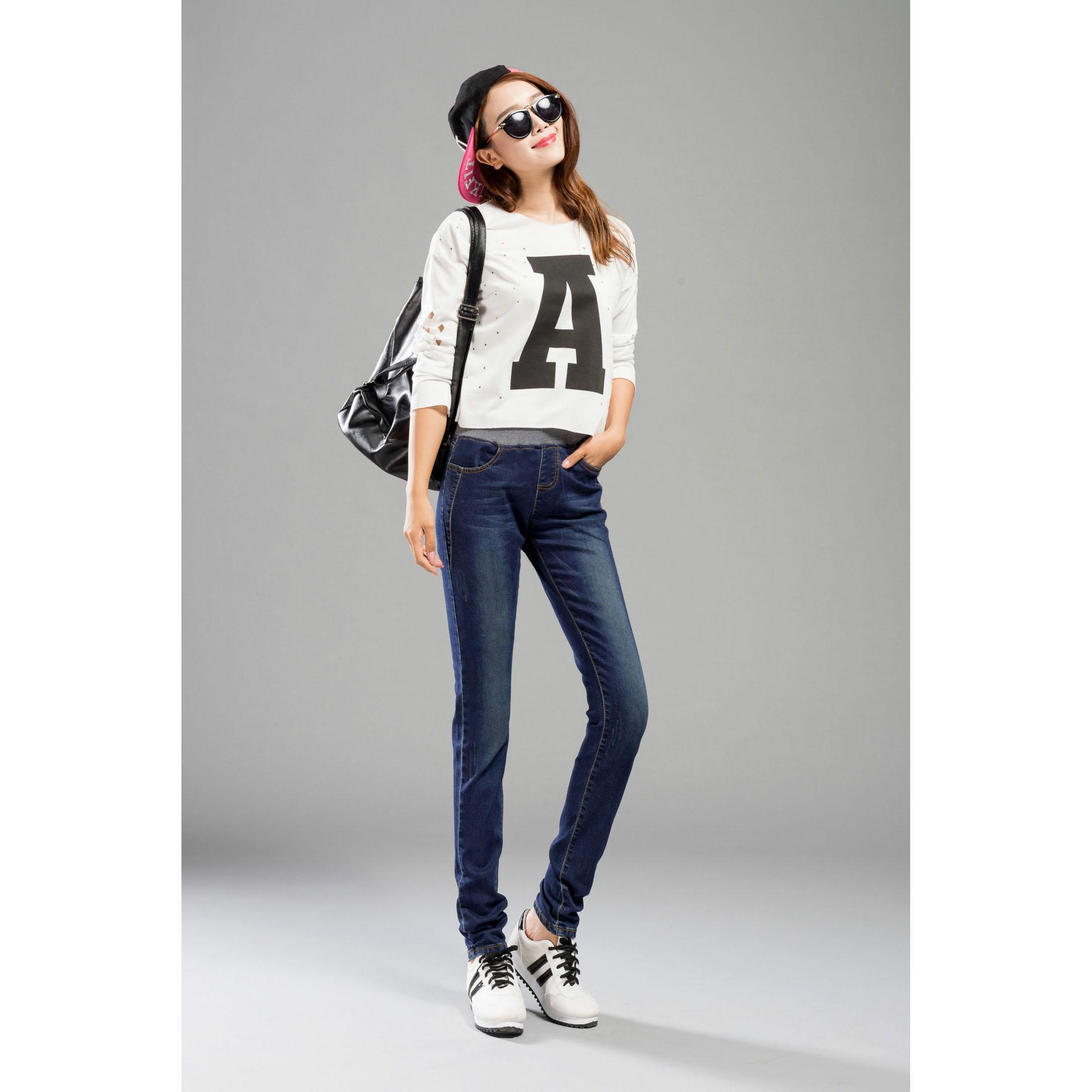 

Женские джинсы с высокой талией, эластичные джинсы с эластичной талией, длинные брюки-карандаш, большие размеры 32 темно-синий