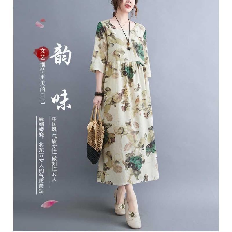 Summer New Literary Large Size Loose Thin Round Neck Five-minute Sleeve Age Reduction Women's Dresses
