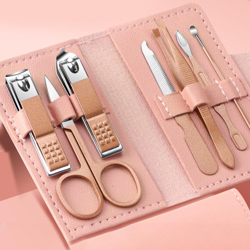 Professional Manicure Tool Seven-Piece Set Pink Stainless Steel Curved Blade Nail Clippers Trimmer with Wide Jaw Opening
