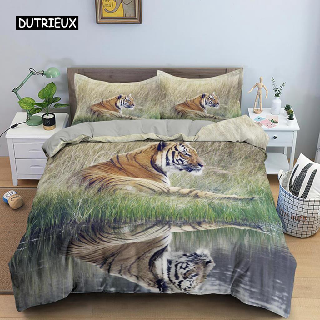 Tiger Duvet Cover Set King Size Wild Theme Bedding Set Animal Pattern Comforter Cover Animal Theme Sunset Polyester Quilt Cover