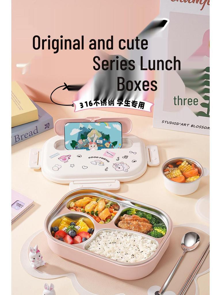 Boîte à lunch Bento pour enfants, à couvercle rabattable, en acier inoxydable 316, compatible micro-ondes, avec compartiments pour les aliments, à décorer soi-même et décorée de dessins animés.