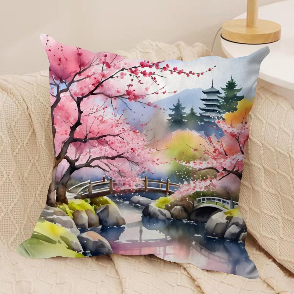 Cherry Tree In Spring Cushion Cover Soft Plush Fabric Double-Sided Printed Sofa Cushion Cover For All Seasons Home Decor Gift