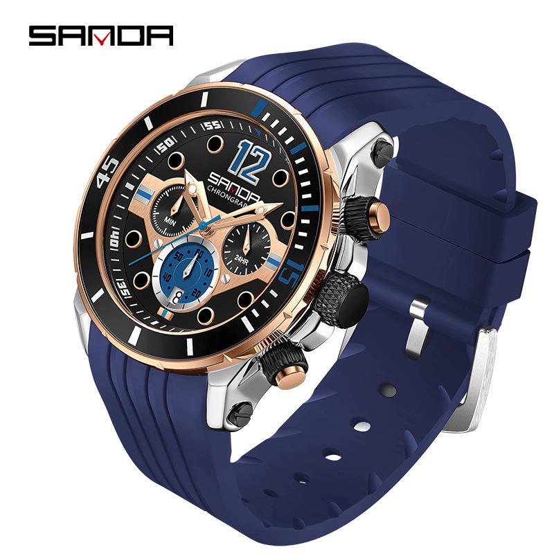 Sanda Men's Quartz Watch - Fashionable, Waterproof, Multifunctional Design with Three Dials and Date Display.