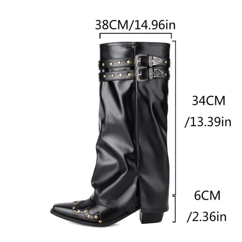 Fashion Metal Rivet Belt Buckle Western Cowboy Knee High Boots Fashion Square Headed Knight Boots Shiny Cool Spicy Girl Motorcycle Boots