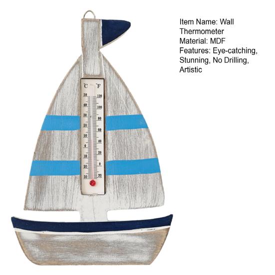 Vintage Wooden Coastal Wall Thermometer Nautical Fish/Lighthouse/Sailboat/Cabin Shaped Temperature Gauge for Living Room Bedroom Hotel Hallway Wall