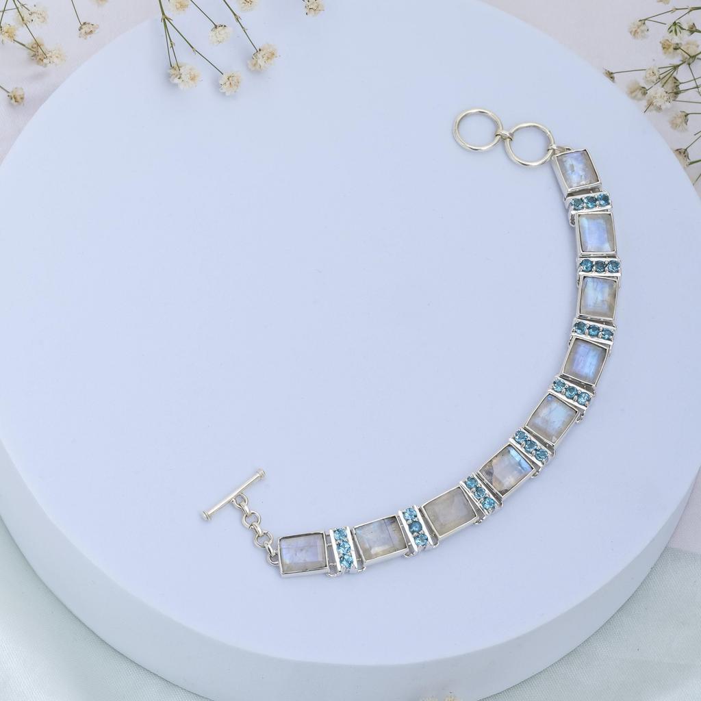 Moonstone & Swiss Blue Topaz Bracelet: Dainty 925 Sterling Silver Jewelry