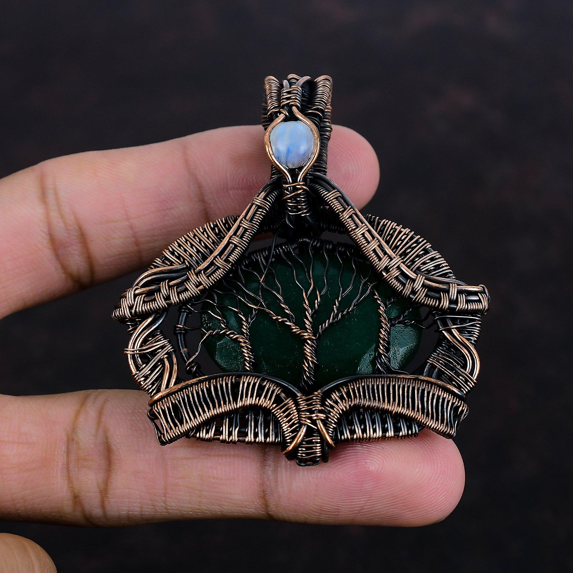 

Tree Of Life Faceted Zambian Emerald Pendant Copper Wire Wrapped Pendant Moonstone Pendant Gemstone Pendant For Gift Handmade Copper Jewelry