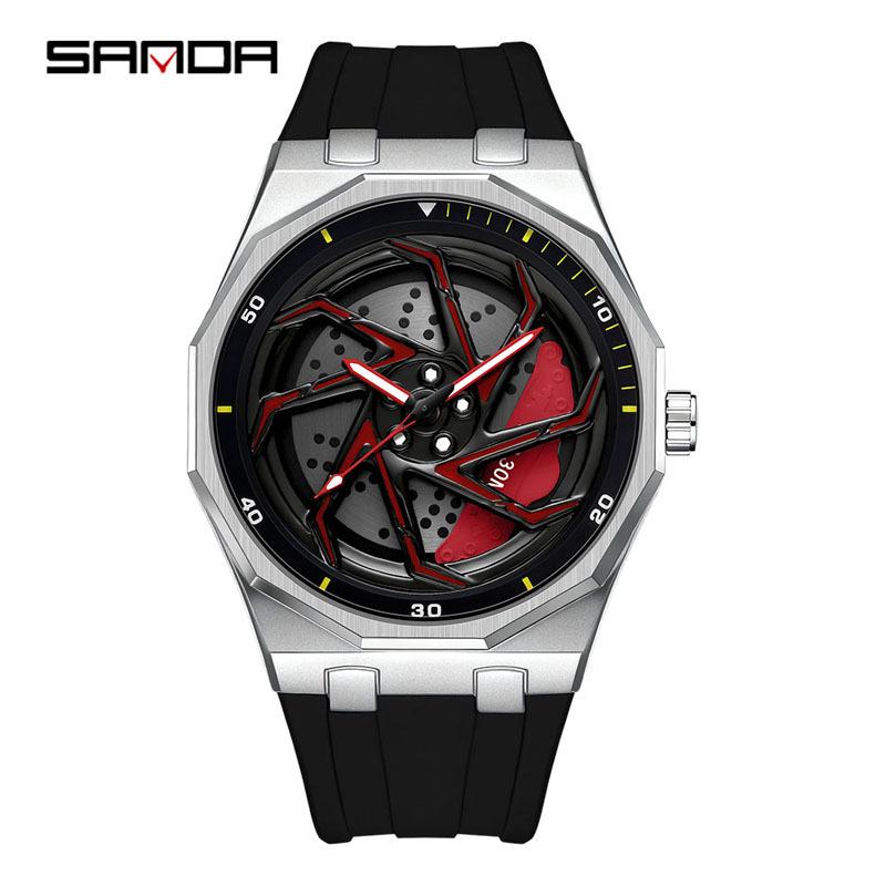 Sanda Men's Waterproof Alloy Car Wheel Design Silicone Wristwatch