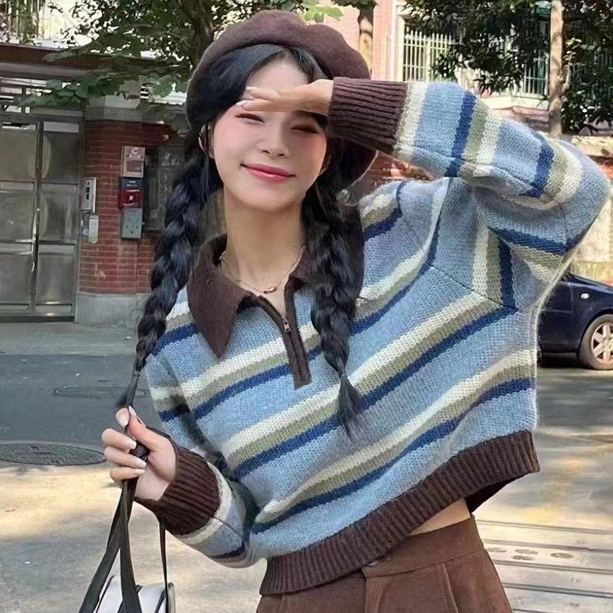 

Ленивый короткий свитер с воротником-поло, полосатый пуловер, женский весенне-осенний свободный вязаный свитер в стиле ретро с длинными рукавами, пуловер, женские топы One Size синий