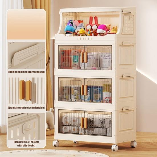 Stackable Collapsible Storage Bins Storage Boxes with Door And Wheels Multi-tier Rolling Organizer with Shelf for Kids Toys Snacks Blanket Pillow