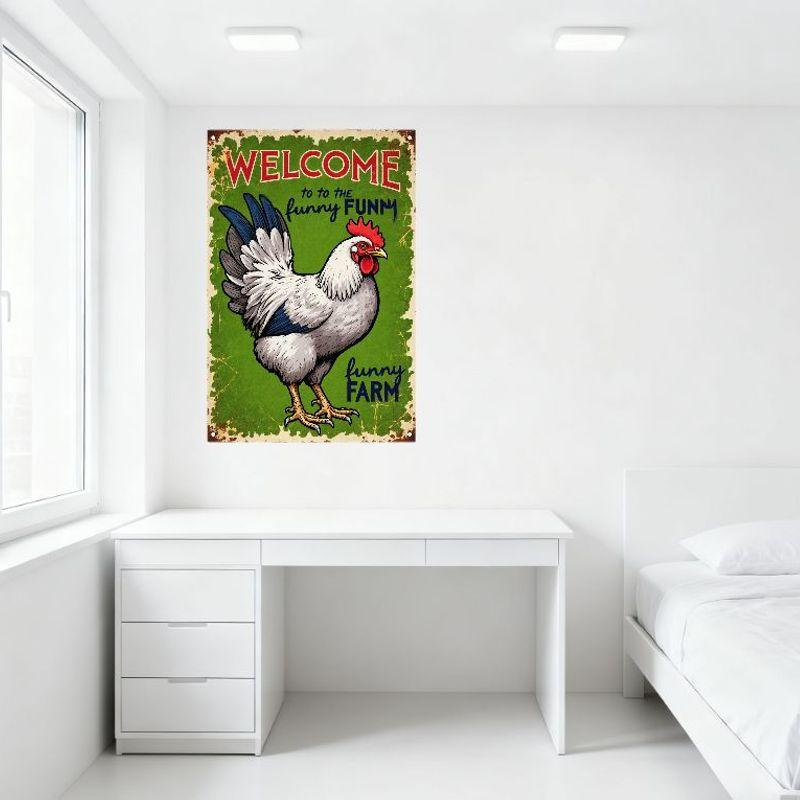 Vintage Rustic Metal Tin Sign, Welcome to Funny Farm with Rooster Chicken, Distressed Retro Wall Decor for Home Bar Café Man Cav