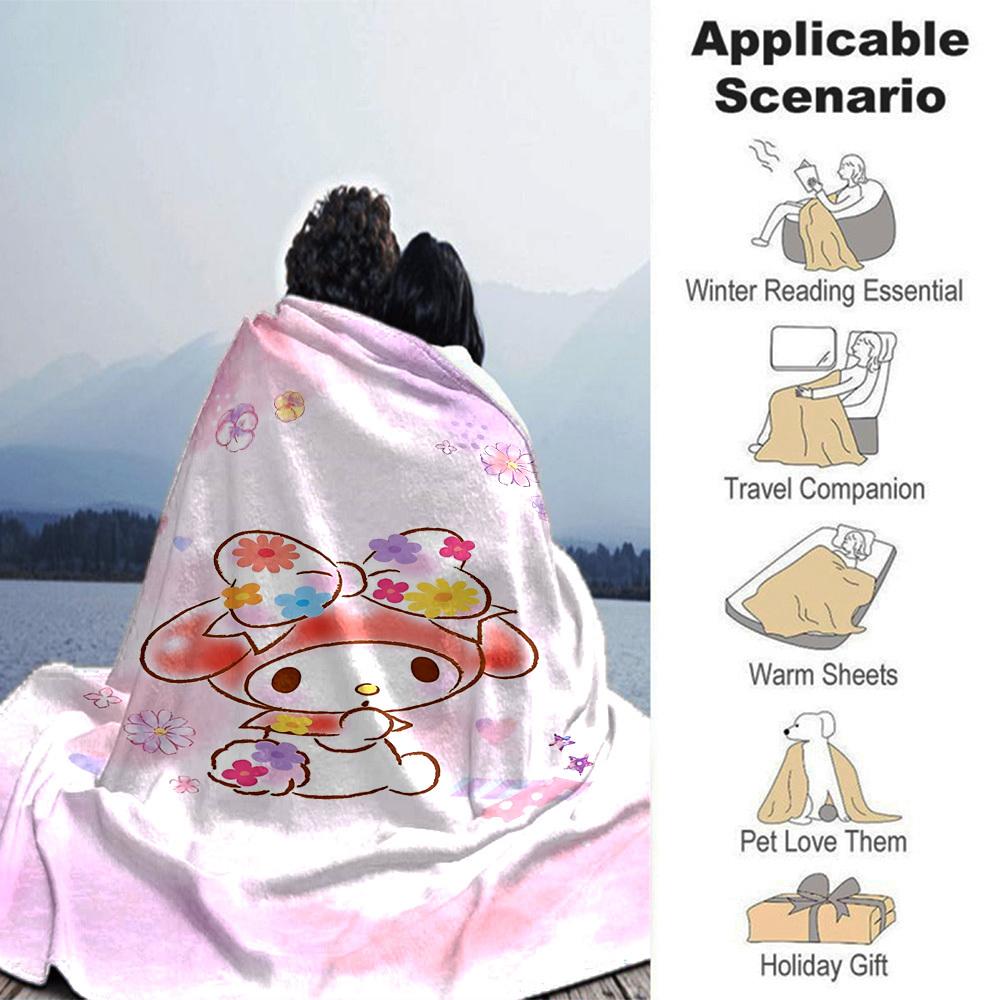 1pc My Melody flowers blanket Lightweight Flannel Throw for Sofa Bed Travel Camping Livingroom Office Couch Chair