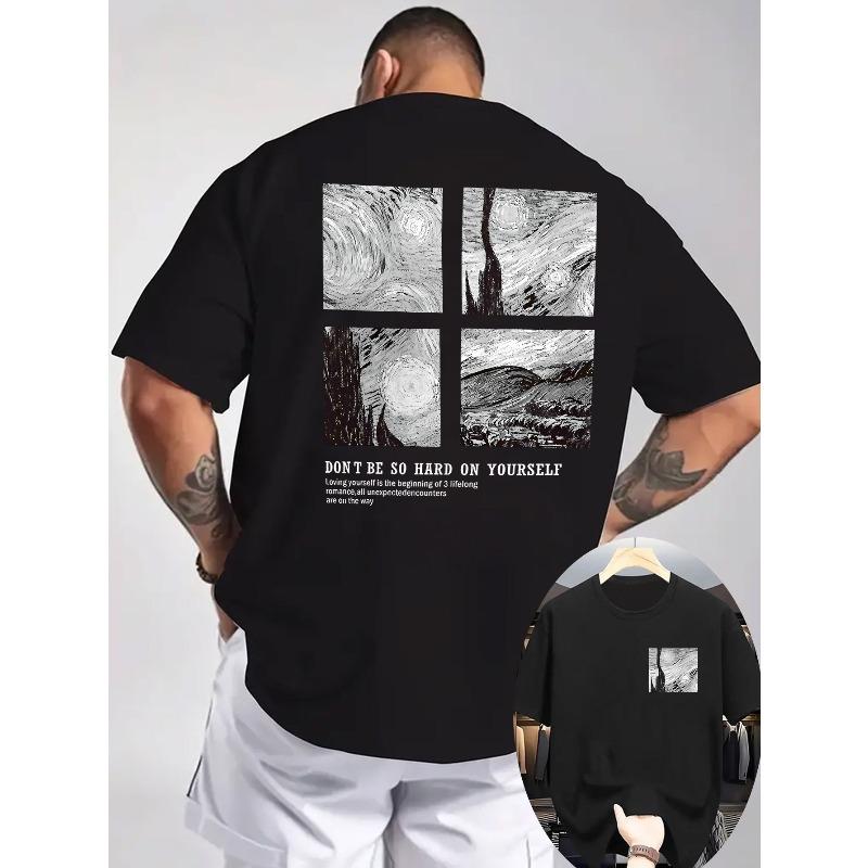 

European Size Men s Summer Short Sleeve T-Shirt with Artistic Back Print - Breathable Round Neck Casual Tee, Regular Fit for Casual Attire S чёрный