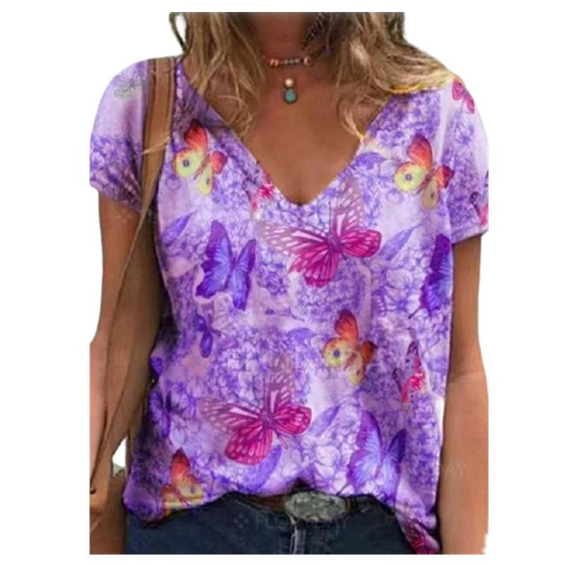 Short Sleeved V-neck 3d Printed Street Trendy Short Sleeved Multi-color Loose Fit Women's T-shirt