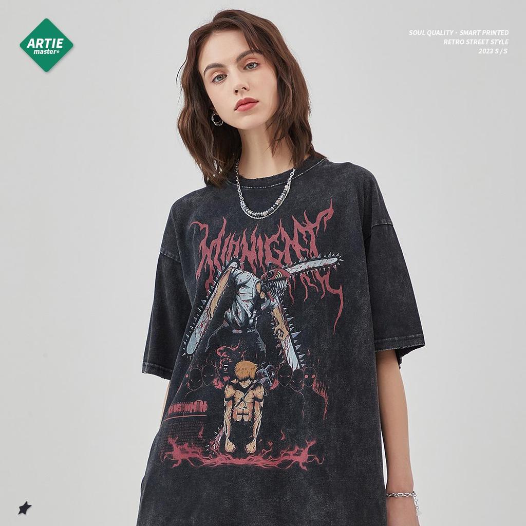 ARTIE Men's Anime Print Loose-Fit Ripped Washed T-Shirt