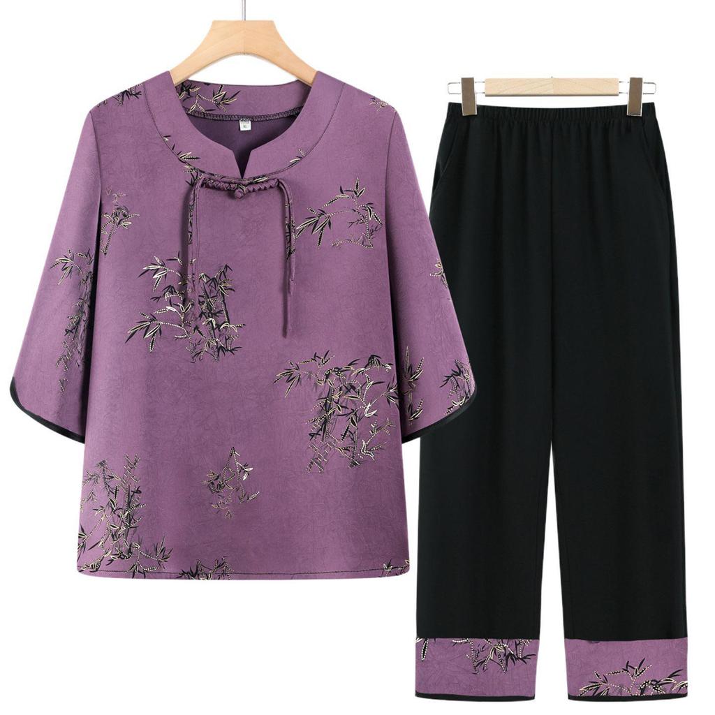 Chinese Style Summer Two-Piece Set: Short-Sleeved Outfit for Middle-Aged & Elderly Women