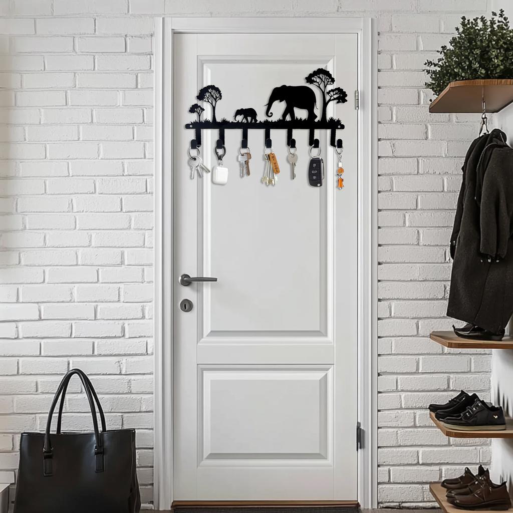 Metal Wall Hook Rack with Elephant Design 7 Hooks for Hanging Keys Towels Coats and Accessories Creative Home Organization Storage
