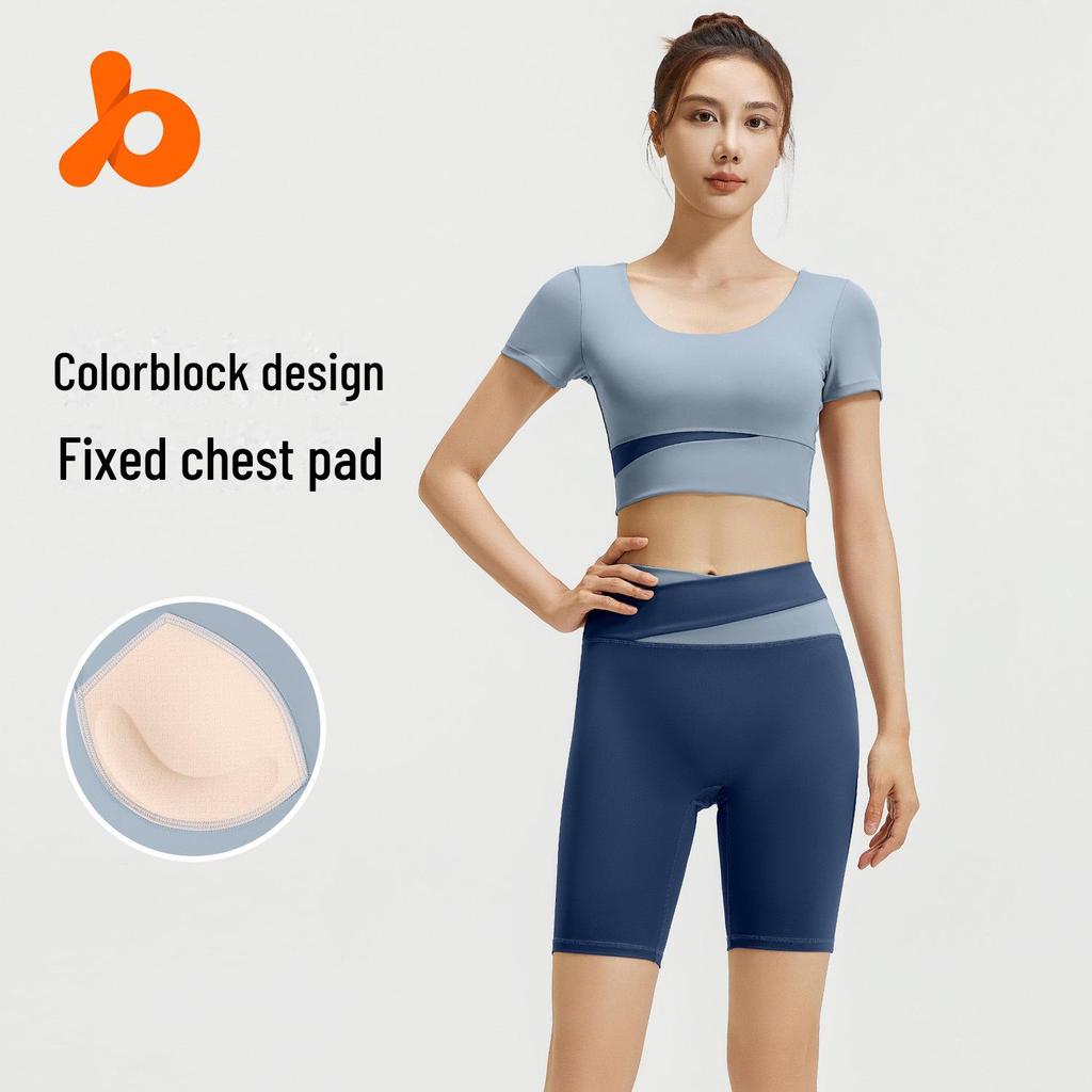 Women's Contrast Color Yoga Set: Navel-Baring Short Top & High Waist Hip-Lifting Pants for Spring/Summer Fitness & Running.