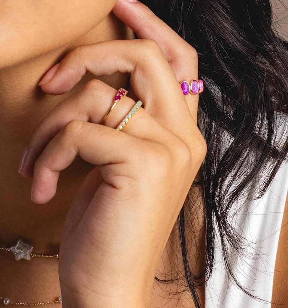Oval Pink Opal Ring – Multi Fire Opal Engagement Ring, Gold Plated Dainty Jewelry, Promise Anniversary Gift for Women