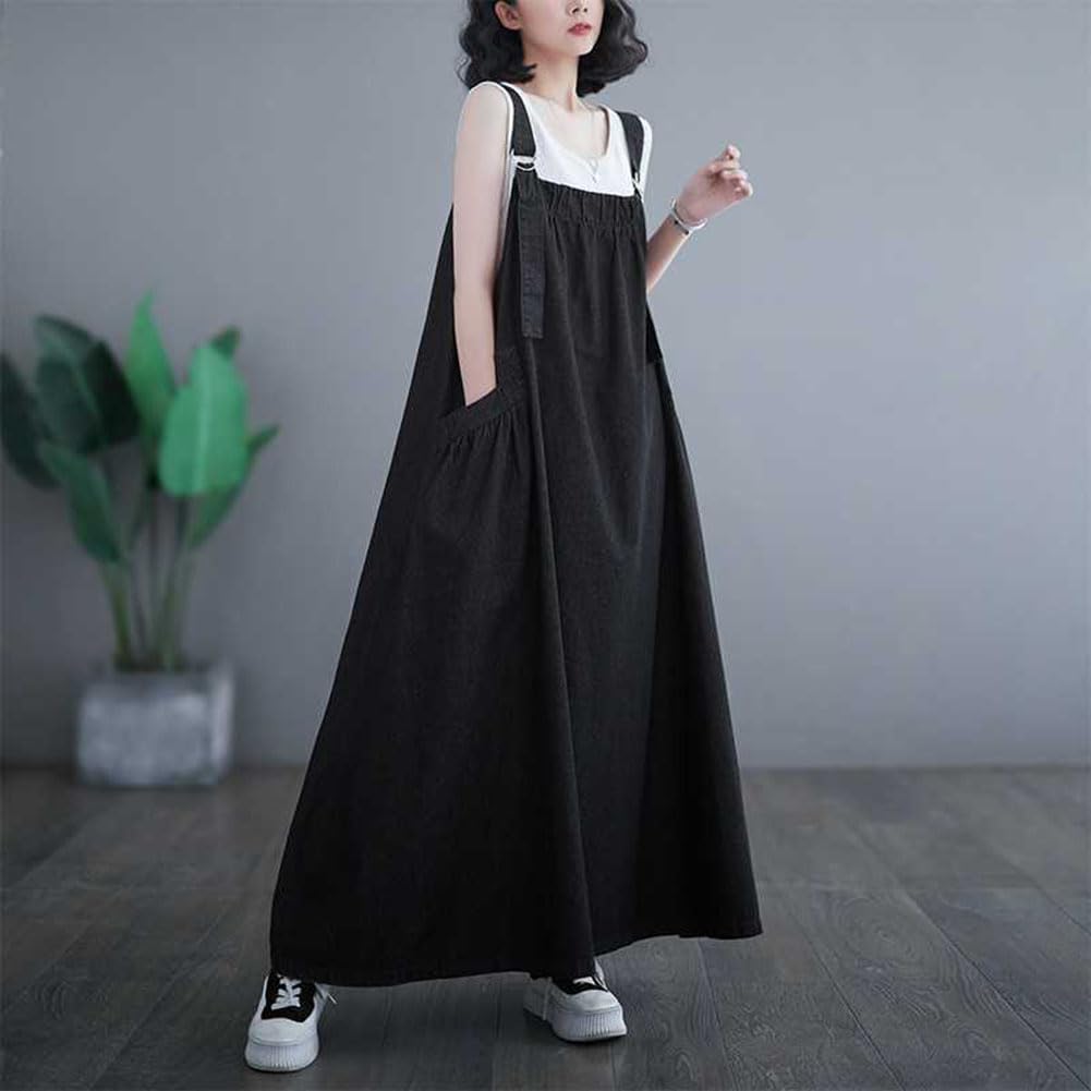 Denim Jumper Overall Cami Layered Cami Long Overalls Denim Solid Maxi Oversized Sleeveless [Pinyifang] Women's Skirt, Skirt, Dress, Dress, Dress,