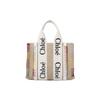 Borsa a Tote Chloe Woody con Stampa Logo Signature, Nastro di Raso, Tela di Lino e Pelle di Vitello, Borse Tote da Donna, Bianco CHC22-AS397H74-101