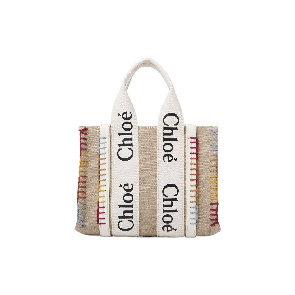 Borsa a Tote Chloe Woody con Stampa Logo Signature, Nastro di Raso, Tela di Lino e Pelle di Vitello, Borse Tote da Donna, Bianco CHC22-AS397H74-101