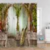 European Style Arch Architecture Shower Curtains Green Vine Peacock Elegant Bathroom Decor Roman Column Vintage Art Bath Curtain